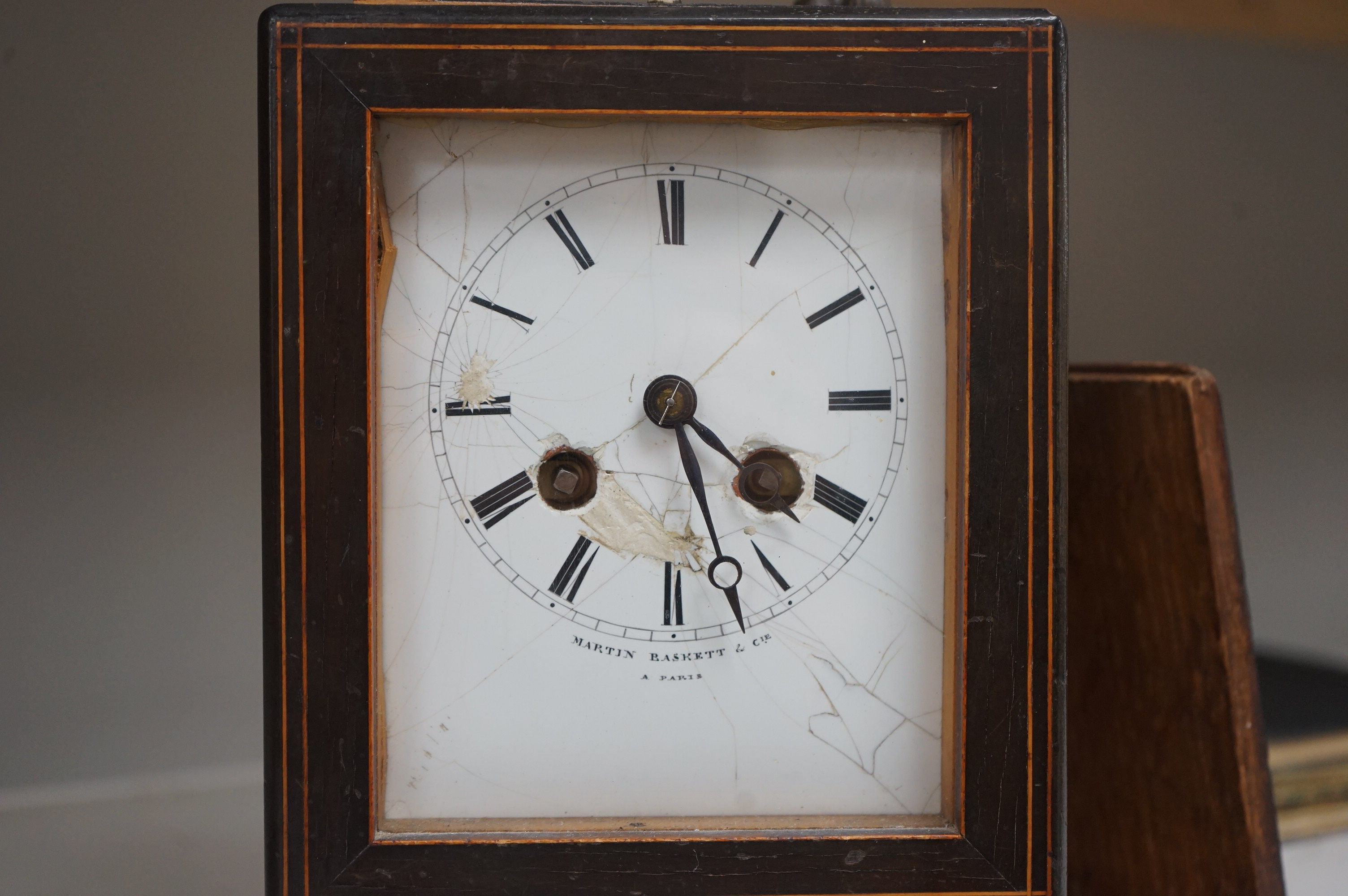 A French inlaid rosewood mantel clock with bone knop, the dial inscribed Martin Baskett. Condition - poor